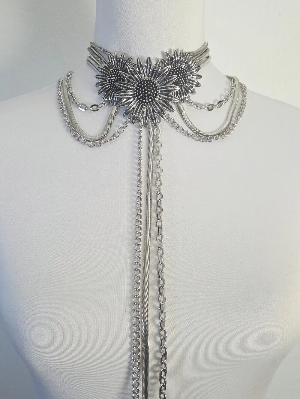 Silver Floral Statement Lariat Necklace - Picture 3 of 7